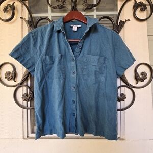 Nine West Jeans Linen Blend Short Sleeve Button Down Beach Top - S